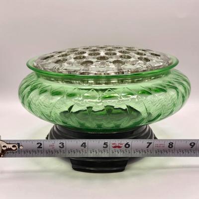 LOT 278: Vintage MCM Green Depression Glass Bowl w/a Clear Glass Frog Insert on a Black Glass Pedestal