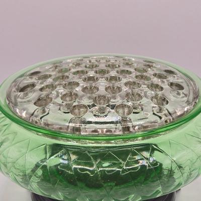 LOT 278: Vintage MCM Green Depression Glass Bowl w/a Clear Glass Frog Insert on a Black Glass Pedestal
