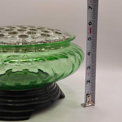 LOT 278: Vintage MCM Green Depression Glass Bowl w/a Clear Glass Frog Insert on a Black Glass Pedestal