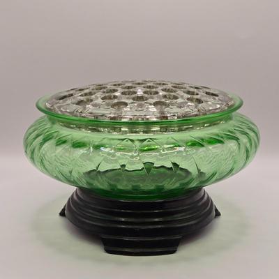 LOT 278: Vintage MCM Green Depression Glass Bowl w/a Clear Glass Frog Insert on a Black Glass Pedestal