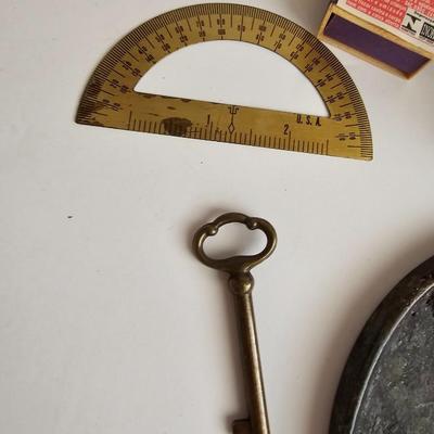 Collection of Adult vintage & rare items - WWII US Army Whistle - Large brass coin -1966 Bowling award - Vintage brass Protractor and...