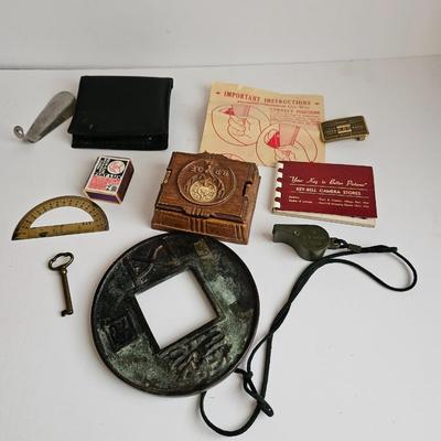 Collection of Adult vintage & rare items - WWII US Army Whistle - Large brass coin -1966 Bowling award - Vintage brass Protractor and...