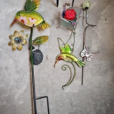 Outdoor solar yard art stakes Hummingbird and Butterflies