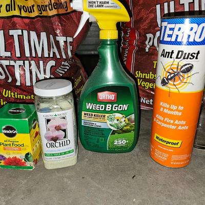 Gardening items -Pruning shears, Potting soil, Plant chemicals and fertilizers, gloves, long watering wand - tarp and more