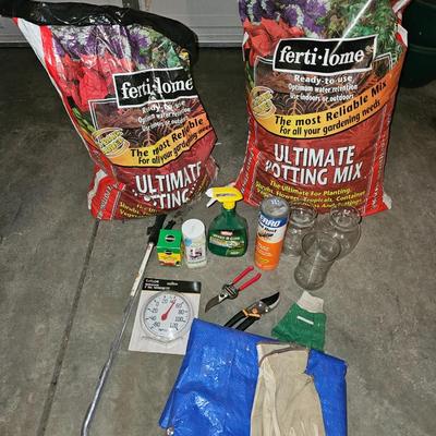 Gardening items -Pruning shears, Potting soil, Plant chemicals and fertilizers, gloves, long watering wand - tarp and more