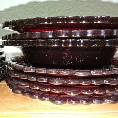 Avon Cape cod 4 Ruby red dinner plates with 3 bowls