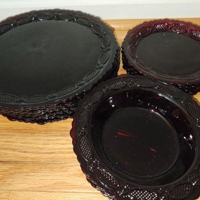 Avon Cape cod 4 Ruby red dinner plates with 3 bowls