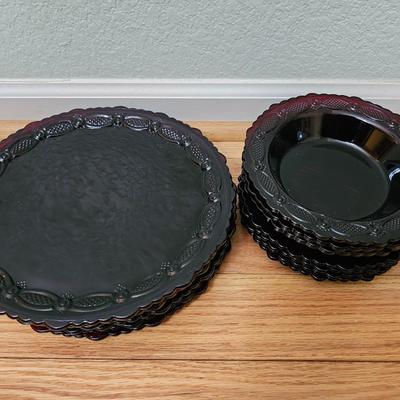 Avon Cape cod 4 Ruby red dinner plates with 3 bowls