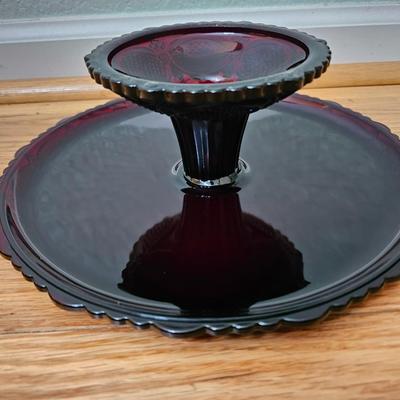 Avon Cape cod Ruby red sugar, cream, pedestal bowl, vegetable bowl, candle stick holders, and a cake plate