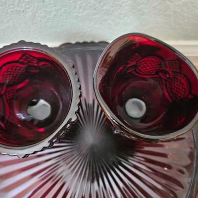 Avon Cape cod Ruby red sugar, cream, pedestal bowl, vegetable bowl, candle stick holders, and a cake plate