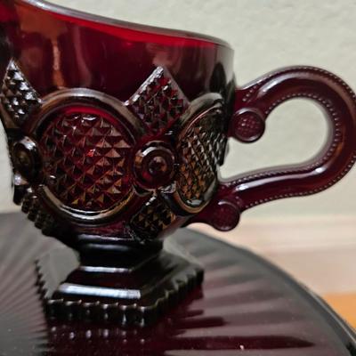 Avon Cape cod Ruby red sugar, cream, pedestal bowl, vegetable bowl, candle stick holders, and a cake plate