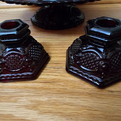 Avon Cape cod Ruby red sugar, cream, pedestal bowl, vegetable bowl, candle stick holders, and a cake plate