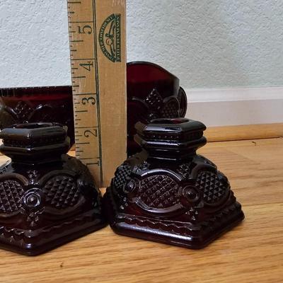Avon Cape cod Ruby red sugar, cream, pedestal bowl, vegetable bowl, candle stick holders, and a cake plate