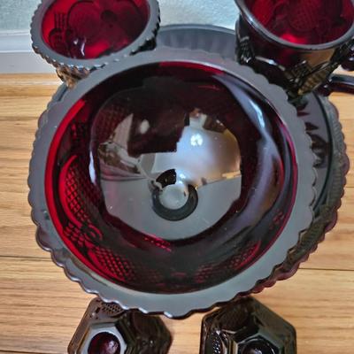 Avon Cape cod Ruby red sugar, cream, pedestal bowl, vegetable bowl, candle stick holders, and a cake plate