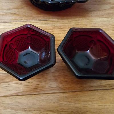 Avon Cape cod Ruby red sugar, cream, pedestal bowl, vegetable bowl, candle stick holders, and a cake plate
