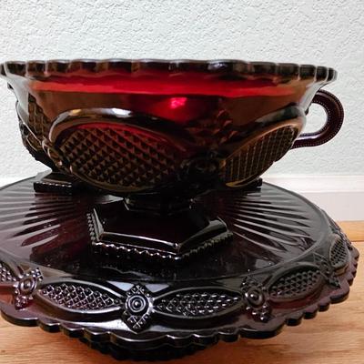 Avon Cape cod Ruby red sugar, cream, pedestal bowl, vegetable bowl, candle stick holders, and a cake plate