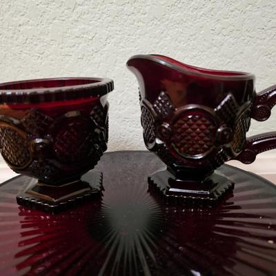 Avon Cape cod Ruby red sugar, cream, pedestal bowl, vegetable bowl, candle stick holders, and a cake plate