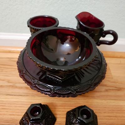 Avon Cape cod Ruby red sugar, cream, pedestal bowl, vegetable bowl, candle stick holders, and a cake plate