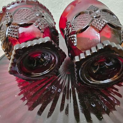 Avon Cape cod Ruby red sugar, cream, pedestal bowl, vegetable bowl, candle stick holders, and a cake plate