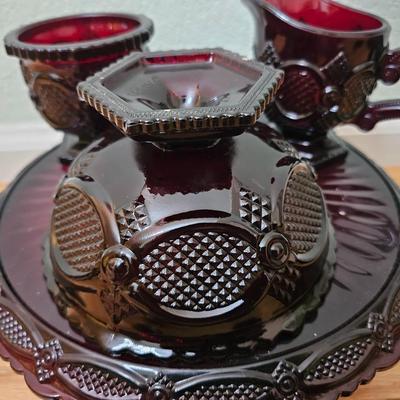 Avon Cape cod Ruby red sugar, cream, pedestal bowl, vegetable bowl, candle stick holders, and a cake plate
