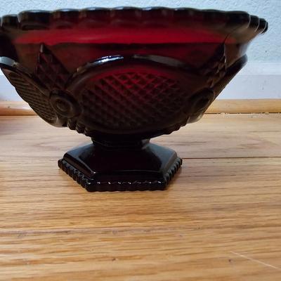 Avon Cape cod Ruby red salt & pepper shakers - vegetable bowl - pedestal bowl - cruet - and a dinner bell