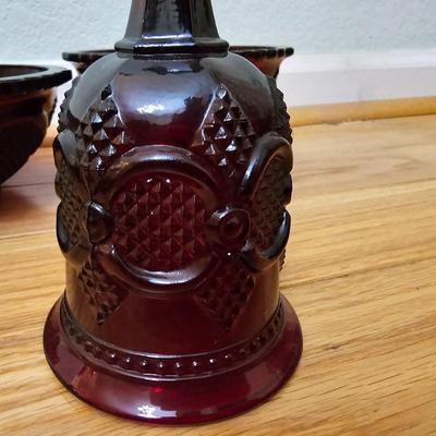 Avon Cape cod Ruby red salt & pepper shakers - vegetable bowl - pedestal bowl - cruet - and a dinner bell