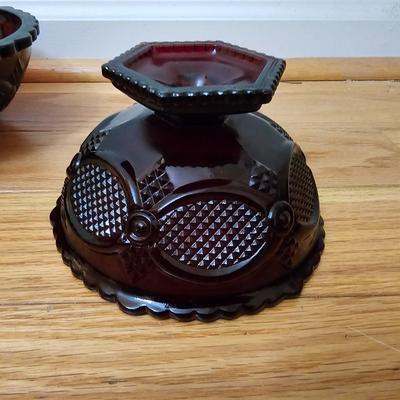 Avon Cape cod Ruby red salt & pepper shakers - vegetable bowl - pedestal bowl - cruet - and a dinner bell