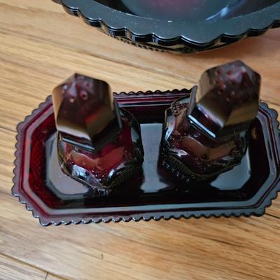 Avon Cape cod Ruby red salt & pepper shakers - vegetable bowl - pedestal bowl - cruet - and a dinner bell