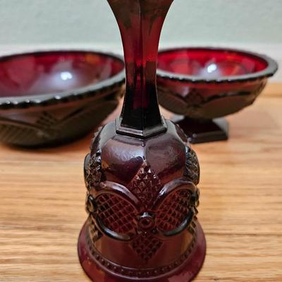Avon Cape cod Ruby red salt & pepper shakers - vegetable bowl - pedestal bowl - cruet - and a dinner bell