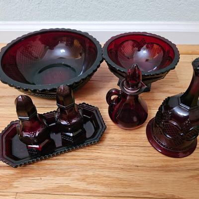 Avon Cape cod Ruby red salt & pepper shakers - vegetable bowl - pedestal bowl - cruet - and a dinner bell