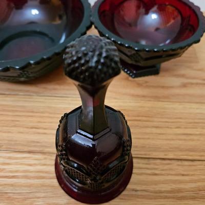 Avon Cape cod Ruby red salt & pepper shakers - vegetable bowl - pedestal bowl - cruet - and a dinner bell