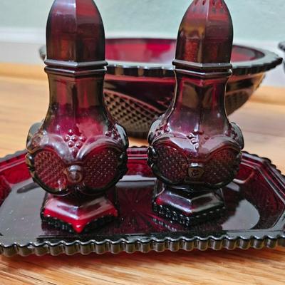 Avon Cape cod Ruby red salt & pepper shakers - vegetable bowl - pedestal bowl - cruet - and a dinner bell