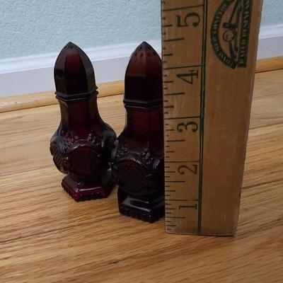 Avon Cape cod Ruby red salt & pepper shakers - vegetable bowl - pedestal bowl - cruet - and a dinner bell