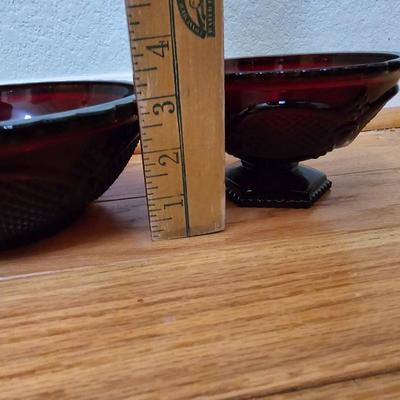 Avon Cape cod Ruby red salt & pepper shakers - vegetable bowl - pedestal bowl - cruet - and a dinner bell