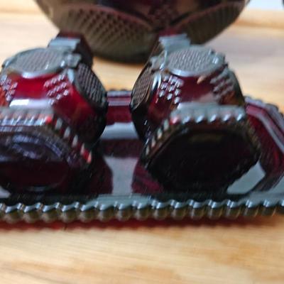 Avon Cape cod Ruby red salt & pepper shakers - vegetable bowl - pedestal bowl - cruet - and a dinner bell