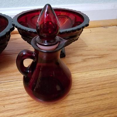 Avon Cape cod Ruby red salt & pepper shakers - vegetable bowl - pedestal bowl - cruet - and a dinner bell