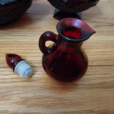 Avon Cape cod Ruby red salt & pepper shakers - vegetable bowl - pedestal bowl - cruet - and a dinner bell