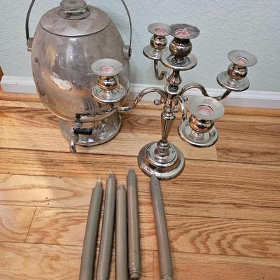 Vintage Silver Plate Heavy Large 5 Arm Candelabra and a Mid Century Art Deco AMC Ball Pedestal Chrome Coffee Urn Percolator