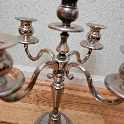 Vintage Silver Plate Heavy Large 5 Arm Candelabra and a Mid Century Art Deco AMC Ball Pedestal Chrome Coffee Urn Percolator