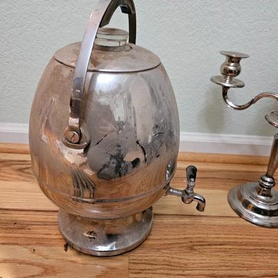 Vintage Silver Plate Heavy Large 5 Arm Candelabra and a Mid Century Art Deco AMC Ball Pedestal Chrome Coffee Urn Percolator