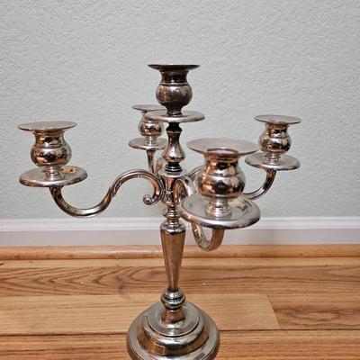 Vintage Silver Plate Heavy Large 5 Arm Candelabra and a Mid Century Art Deco AMC Ball Pedestal Chrome Coffee Urn Percolator