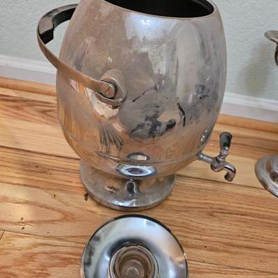 Vintage Silver Plate Heavy Large 5 Arm Candelabra and a Mid Century Art Deco AMC Ball Pedestal Chrome Coffee Urn Percolator