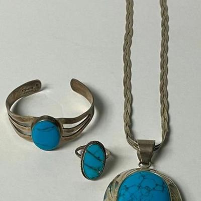 Sterling Silver & Turquoise Necklace, Bracelet & Ring