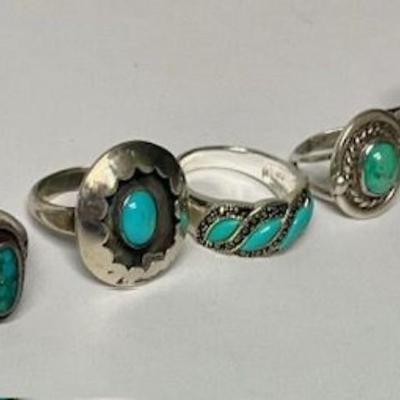 Lot Of Eight Women's Rings Sterling Silver & Turquoise