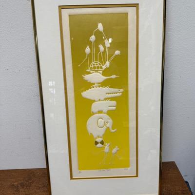 Sale Photo Thumbnail #82: Exceptional vintage mid century modern framed and signed lithograph by Mar, number 24/200. This one is titled “On the Ball” and displays animals stacked on top of each other on a ball. Very good condition, approx. 25" x 13".  Most likely produced in t