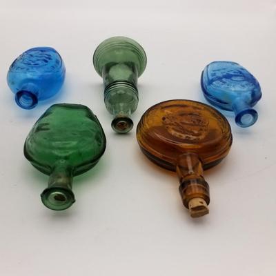 Lot of 5 Vintage Glass Wheaton Industries Liquor Decanter Bottles Franklin Jefferson Washington Librty Bell Amber Blue Green