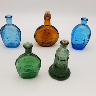 Lot of 5 Vintage Glass Wheaton Industries Liquor Decanter Bottles Franklin Jefferson Washington Librty Bell Amber Blue Green