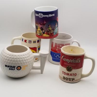 Set of 5 Vintage Ceramic Mugs: Walt Disney World Teacher Campbell's Tomato Soup USA 1984 Olympics World International Flags Vantage...