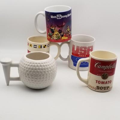 Set of 5 Vintage Ceramic Mugs: Walt Disney World Teacher Campbell's Tomato Soup USA 1984 Olympics World International Flags Vantage...