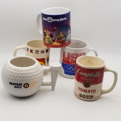 Set of 5 Vintage Ceramic Mugs: Walt Disney World Teacher Campbell's Tomato Soup USA 1984 Olympics World International Flags Vantage...